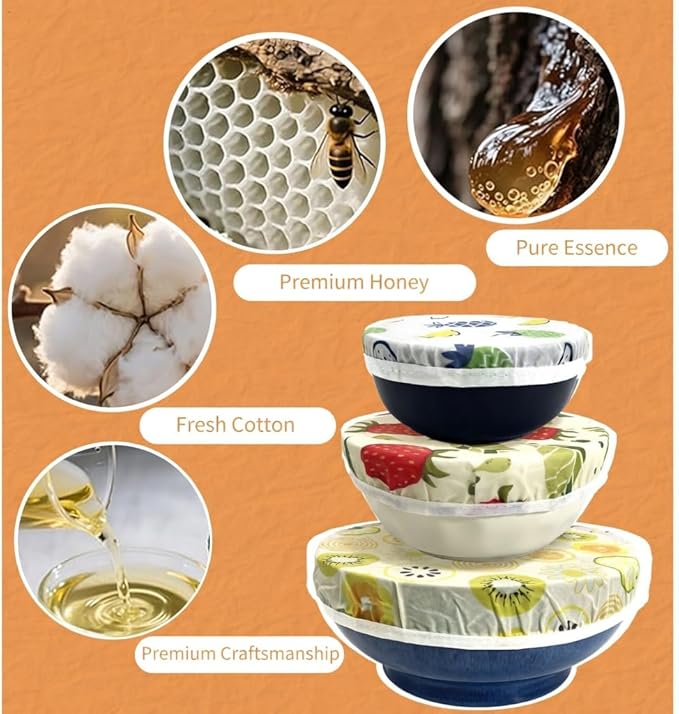 Reusable Beeswax Bowl Covers - 3 Pack Eco Friendly Food Wraps for Kitchen Storage - Sustainable Plastic Wrap Alternative for Salad Bowls & Fruits - Washable Zero Waste Food Lids (floral print)