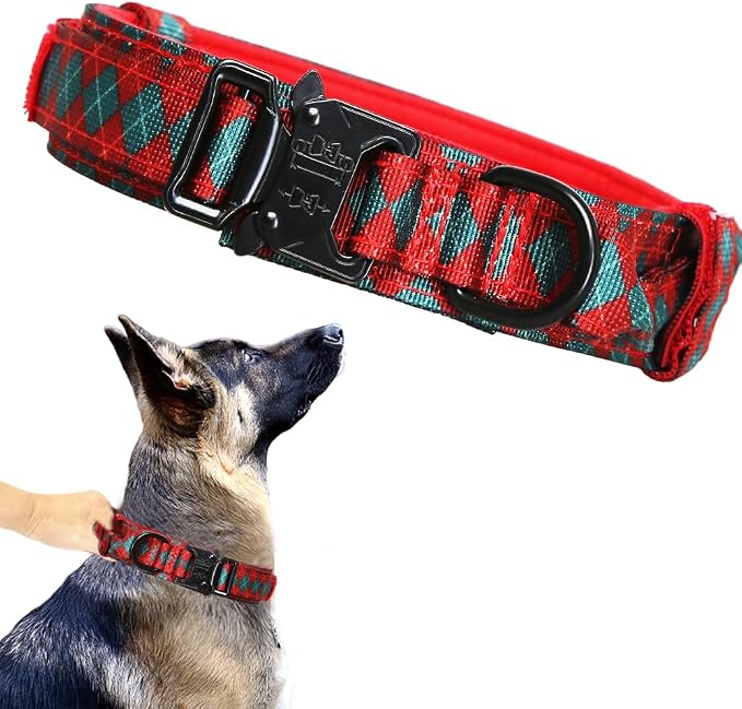 Christmas Tactical Dog Collar Adjustable Nylon Dog Collar Metal Buckle with Handle for Dog Training (Christmas Green,XL)