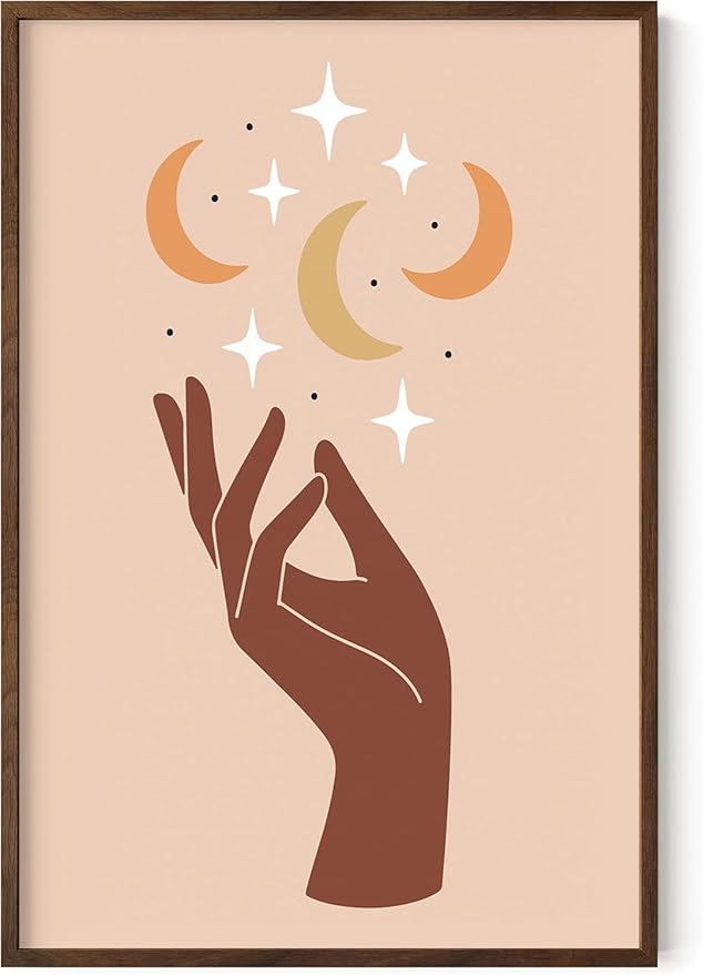 Mystical Hand Wall Art Celestial Moon and Stars Print Earth Tones Terracotta Mid Century Modern 24x36 Inch Oak Wood Walnut Framed Spiritual Decor for Bedroom