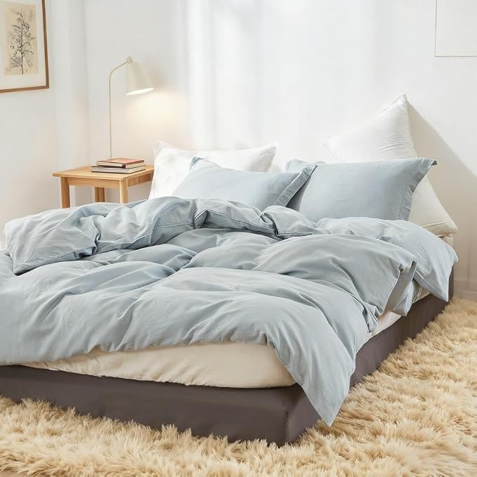 Simple&Opulence French Linen Duvet Cover Set 88" x 92"- 3 Pieces (1 Comforter Cover,2 Pillowcases)- Natural Flax Cotton Blend-Solid Color Breathable Farmhouse Bedding-Dusty Blue, Queen