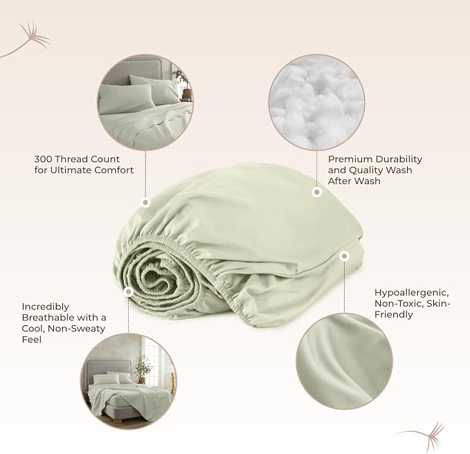 Organic King Fitted Sheet Only Deep Pocket - 100% Organic Cotton Sheets with Breathable 300 Thread Count Sateen Weave GOTS & Fairtrade Certified - Soft Fitted Bed Sheets Only (Pastel Green, King)