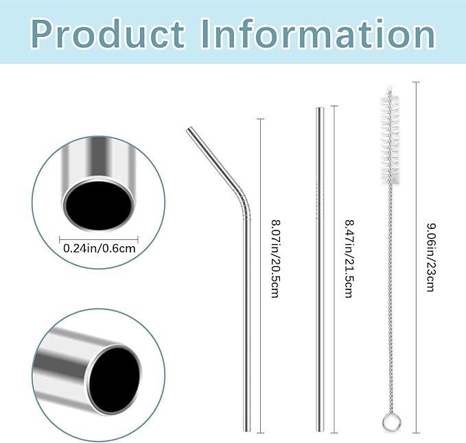 33 Pack of metal straws reusable,15 Straight +15 Bent 8.5 Inch Stainless Steel Straws, 3 Pcs Cleaning Brushes Included, Perfectly Compatible with 20oz Cup Tumblers