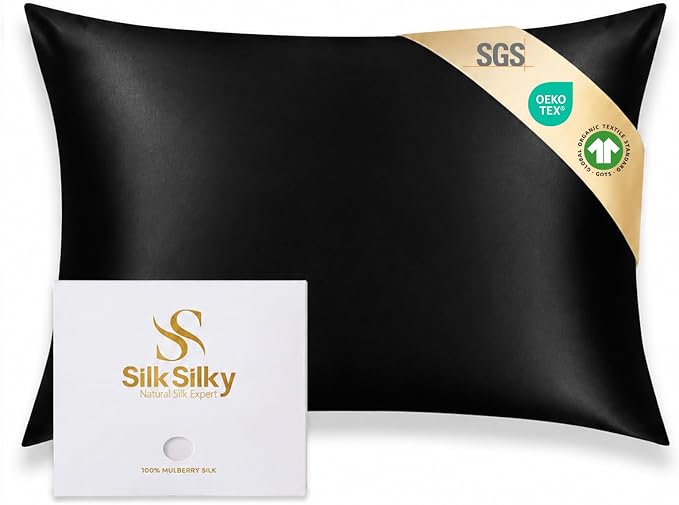 SilkSilky 100% Mulberry Silk Pillowcase - Pure 22 Momme High-Grade 6A Fibers for Hair & Skin, Envelope Closure, Natural, Organic, Breathable & Cooling Pillow Case (Queen, Black)