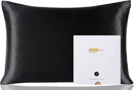 ZIMASILK 100% Pure Mulberry Silk Pillowcase for Hair and Skin Health,Soft and Smooth,Both Sides Premium Grade 6A Silk,600 Thread Count,with Hidden Zipper,1pc (Queen 20''x30'',Black)