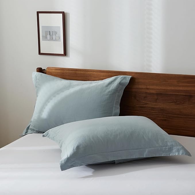 100% French Linen Pillow Shams Basic Style - Pack of 2 - Washed Solid Color Natural Flax Soft Breathable - Dusty Blue, 20'' x 36''