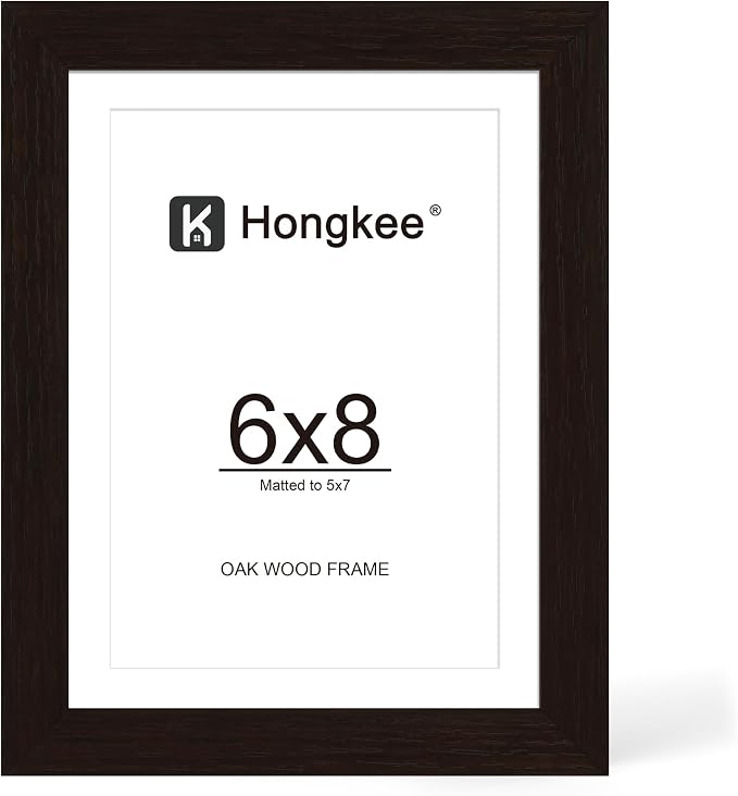 Hongkee 6x8 Oak Wood Picture Frame 1 Pack(Matted 5x7) with Real Glass Cover | Black, 6 x 8 Solid Wood Frame for Wall or Tabletop Display - Includes Easel Back, Vertical Hang - Ideal for Home, Office