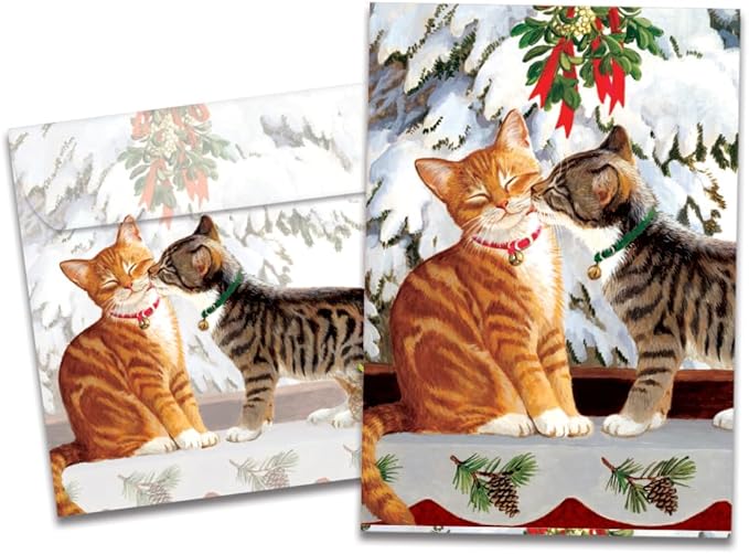 Tree-Free Greetings Kitten Kiss Holiday Cards - 10 Recycled 5x7 Cards & Matching Envelopes, Thick Cardstock, Sustainably Made in USA - Sweet Loving Joy