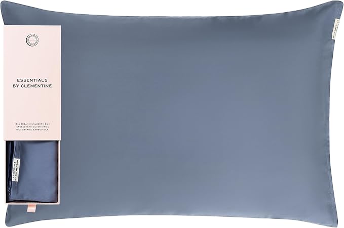 Clementine Sleepwear Essentials Organic Queen Size Pillowcase Blue Lagoon | Two-Tone Bamboo and Silver Ion Silk for Acne-Prone Skin, Anti-Aging, and Hydrated Hair and Skin