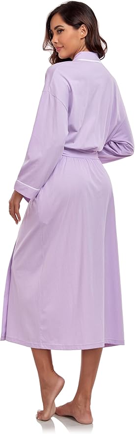 COLORFULLEAF 100% Cotton Women's Robes Summer Lightweight Kimono Soft Long Cotton Bathrobe for Women with Pockets