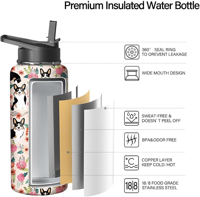 32oz Corgi Water Bottle with Handle and Flip Straw, Dog Animal Sports Stainless Steel Insulated Cup Travel Coffee Mug Tumbler, Birthday Mothers Day Chritmas Gifts for Women