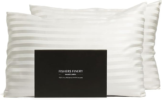 Fishers Finery 30mm 100% Pure Mulberry Silk Pillowcase Set, Quality Tested (White Stripe, Standard, 2 Pack)