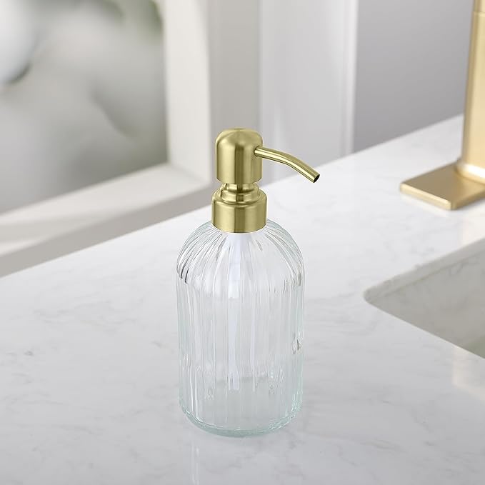 Gold Refillable Glass Kitchen Soap Dispenser,16oz Bathroom Soap Dispenser with Vertical Strip,Golden 304 Stainless Steel Pump Head, Clear Thick Glass,for Modern Home Decor, Countertop, Hotel