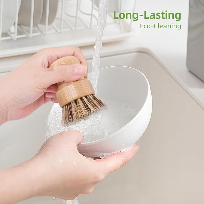 6 Packs Bamboo Dish Scrubber - Hard Bristle, Plastic Free Dish Brush Union Fiber and Tampico Fiber Bamboo Wok Brush for Washing Cast Iron Pan/Pot