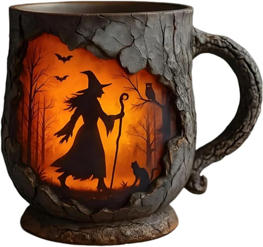 Bigfoot Forest Flame Tree Bark Mug – Handmade 3D Ceramic Coffee Cup, Unique Bigfoot Gift for Outdoor Lovers (Witch Mug)
