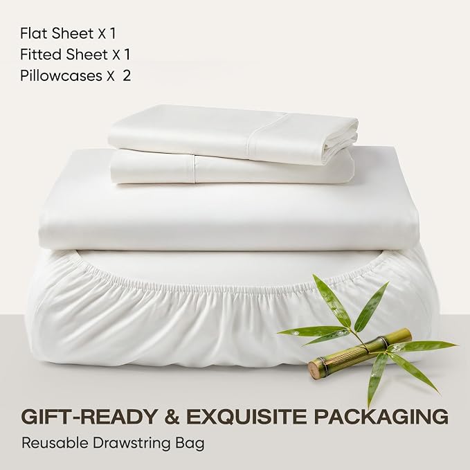 Real 100% Viscose Derived from Bamboo Sheets Set Queen Size, Cooling & Silky Soft for Hot Sleeper, Luxury with Breathable & Moisture Wicking Fabric, 18" Deep Pocket with Corner Straps (White,Queen)