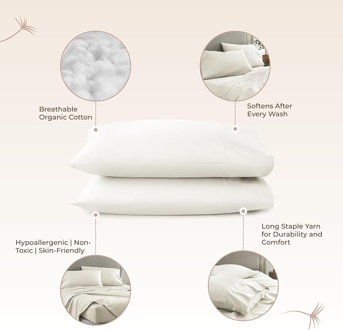 100% Organic Cotton Pillow Cases King Size Set of 2-100% Cotton Pillowcases GOTS Certified 500 Thread Count - Naturally Cooling Comfortable Breathable & Soft Pillow Cases (Natural, King)