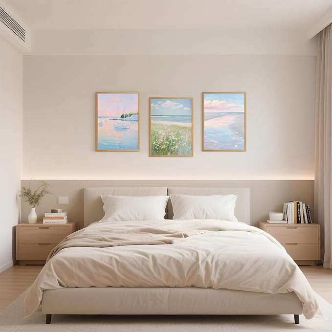 Coastal Pink Wall Art Set of 3 Maximalist Ocean & Beach Landscape Canvas Poster Trendy Sailboats Flowers Sunset Painting Pastel Picture Prints for Bedroom Home Decor 12x18inch Wooden Framed