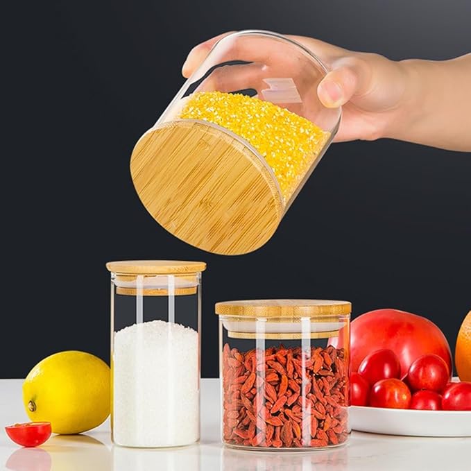Glass Food Storage Containers with Bamboo Lids Airtight Food Storage Jar Glass Jar Kitchen Canisters for Pasta, Rice, Flour, Sugar(175ml, 65x80mm)