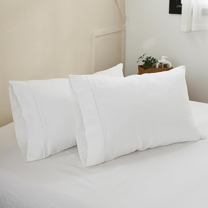 100% French Linen Pillowcases with Embroidery - Pack of 2 - Washed Solid Color Natural Flax Soft Breathable - White, 20'' x 30''
