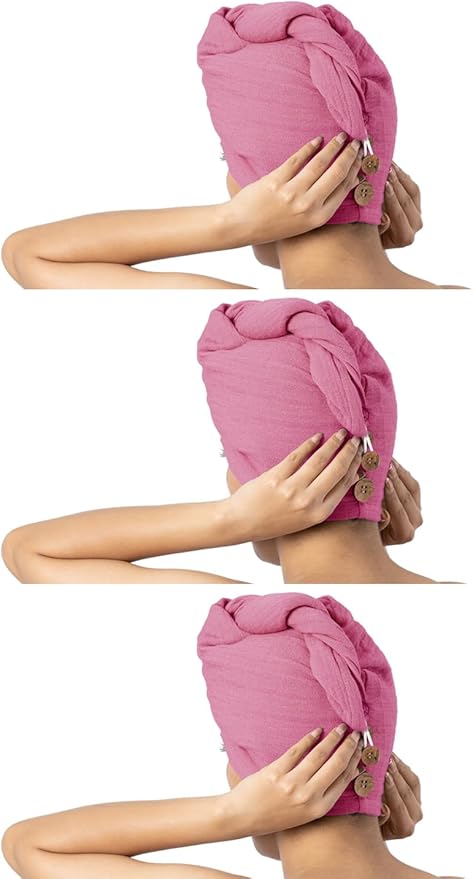 Banana Double Cloth Hair Towel, Hair Wrap for Women, Towel for Long & Short Hair, Anti-Frizz Shower Hair Towels with Button, Quick-Drying Hair Cap Pack of 3 Desert Rose - Pc 3