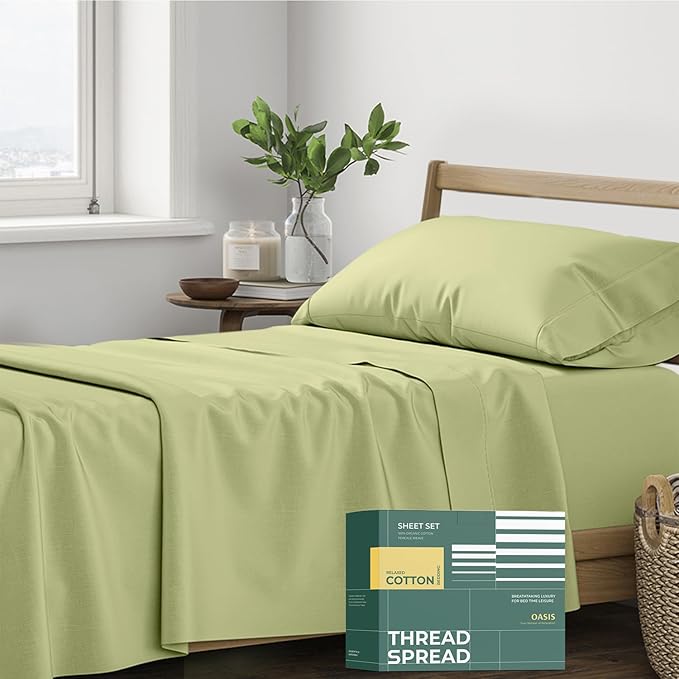 THREAD SPREAD 100% Organic Cotton Sheets Twin XL Size - 3 PC Organic Cotton Twin XL Percale Weave Sheet Set, Soft, Cooling, Crisp & Breathable, 16" Deep Pocket Bedding Set for Dorm Room - Sage Green