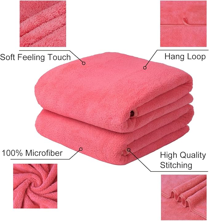 JML Large Microfiber Bath Towels, 2 Pack, 30"x60", Super Soft, Absorbent, Lint-Free Fleece Bathroom Towel Set for Luxury Hotel & SPA, Shower, Pool, Yoga, Sauna, Coral Pink