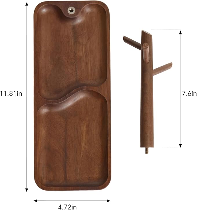 Black Walnut Solid Wood Key Dish Bowl for Entryway Table Square Tray With 3 Hooks, Open Storage for Keys, Wallet, Jewelry (Walnut, Rectangle)