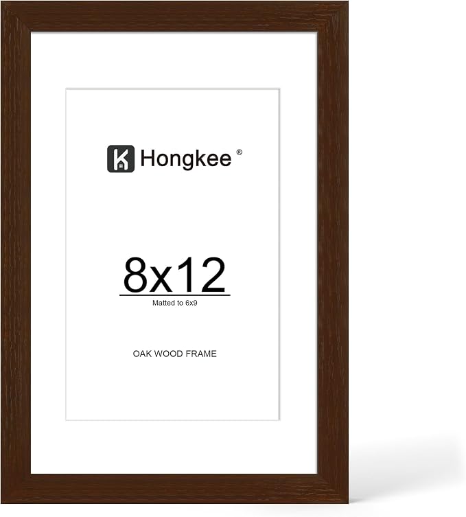 Hongkee 8x12 Oak Wood Picture Frame 1 Pack(Matted 6x9), Real Glass Cover | Walnut, 8 x 12 Solid Wood Frame for Wall or Tabletop Display - Includes Easel Back, Vertical Hang - Ideal for Home, Office