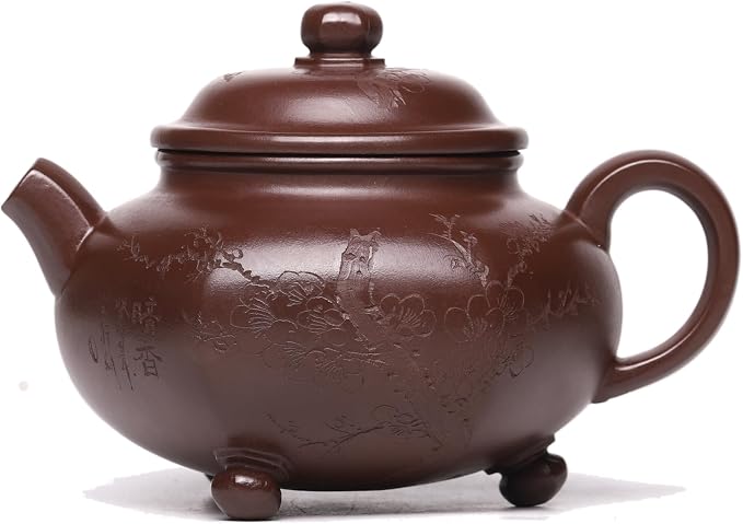 Zisha Teapot, Chinese Yixing Clay Handmade Tea Pot 11 Oz, Infuse Brew Kung Fu Loose Leaf Tea Maker (SanzuMeihua,Purple Clay)