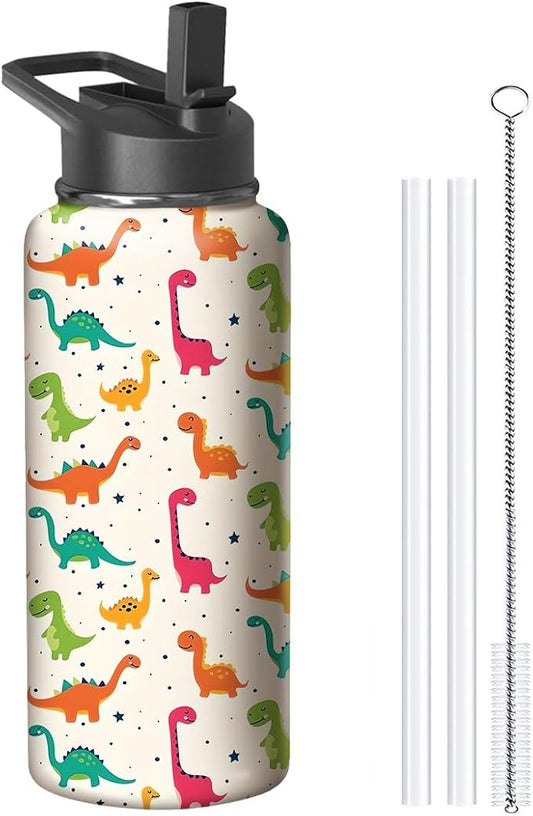18oz Cute Dinosaur Water Bottle with Handle and Flip Straw, Animal Sports Stainless Steel Insulated Cup Travel Coffee Mug Tumbler, Birthday Mothers Day Chritmas Gifts for Women