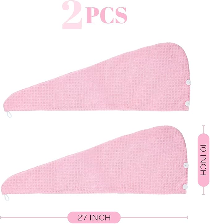 MaopaoBeauty Microfiber Hair Towel - Waffle Drying Hair Wrap (2 Packs, 10.6x27.5inch, Pink)