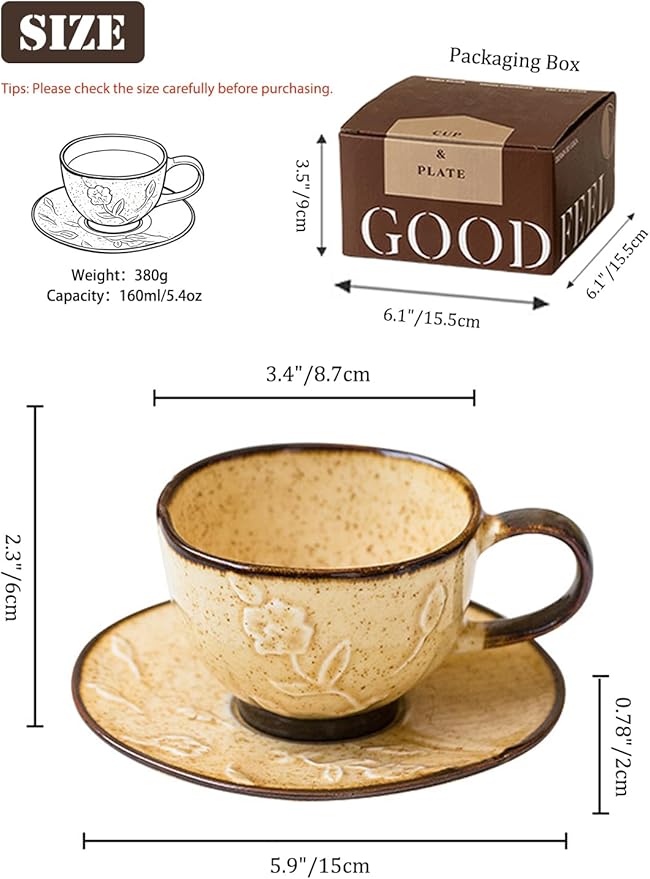Ceramic Coffee Cup and Saucer Set 5.4oz (160ml), Beige Embossed Espresso Cup with Plate, Small Cappuccino Cup for Home, Kitchen, Café