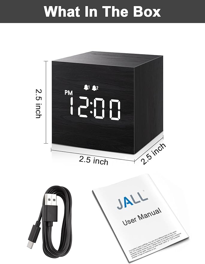 JALL Digital Alarm Clock, with Wooden Electronic LED Time Display, 3 Alarm, 2.5-inch Cubic Small Mini Wood Made Electric Clocks for Bedroom, Bedside, Desk, Black