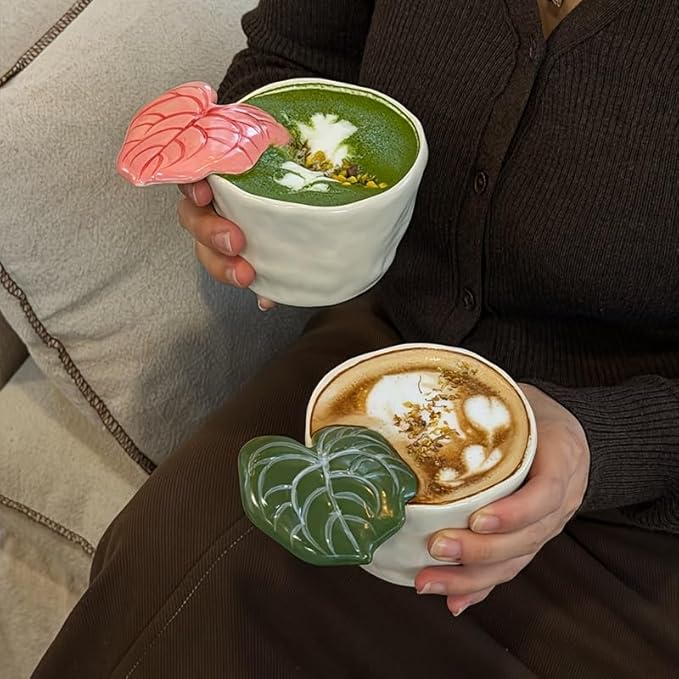 7oz Hand-Painted Leaf Handle Ceramic Coffee Mug, Microwave Dishwasher Safe Tea Cup for Women, Gift for Birthday Christmas Housewarming, Green