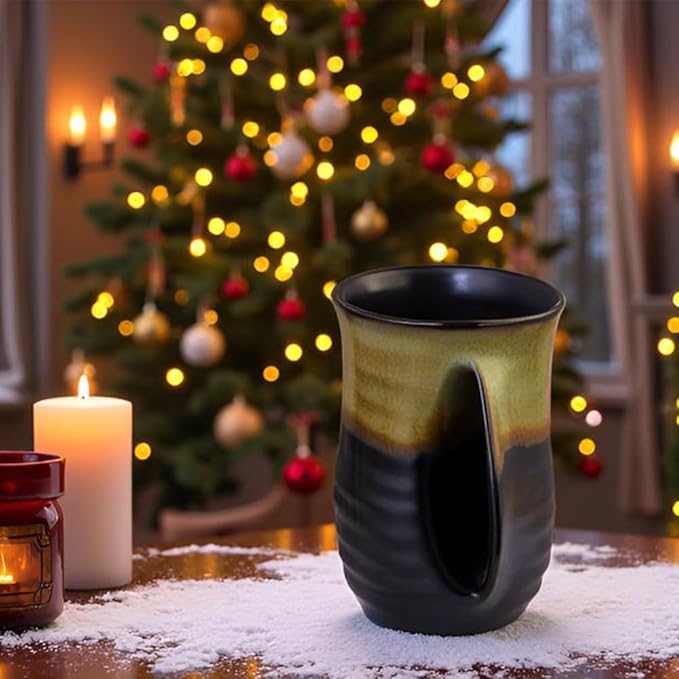 Hand Warmer Coffee Mug for Christmas - 16 Ounce Large Handwarmer Ceramic Mugs Handmade Pottery Gift for with Contoured Pocket, Keep Your Fingers Warmth(Right Handed,Beige/Black)