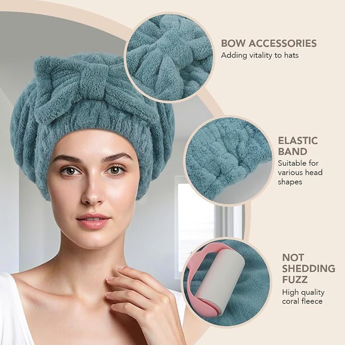 SUNLAND Large Microfiber Hair Drying Caps with Bow Knot Fast Drying Shower Cap Soft and Absorbent hairWrap Hair Turban Bath Caps for Curly Thick and Wet Hair 11 X 13.4 inch 2 Pack Dark Green