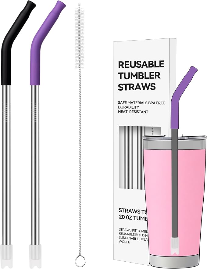 2 PCS 20 oz Straight Metal Straws with Silicone Tip for Tumbler | Long Drinking Replacement Straw for YETI, STANLEY, US Acrylio, BJPKPK, Simple Modern and so on