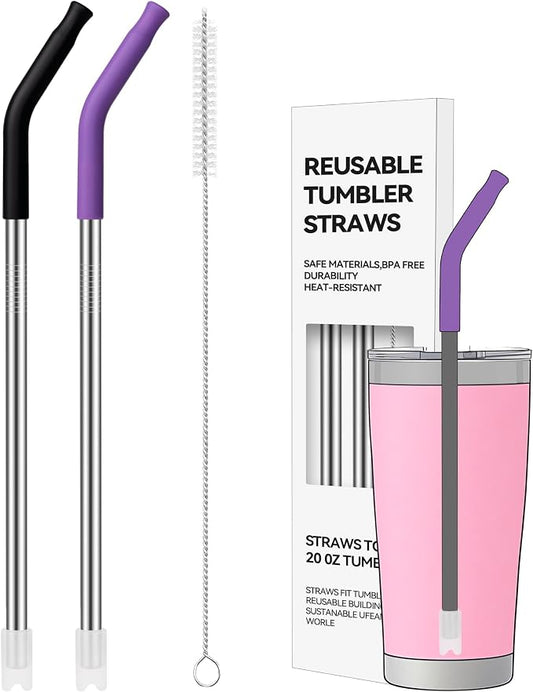 2 PCS 20 oz Straight Metal Straws with Silicone Tip for Tumbler | Long Drinking Replacement Straw for YETI, STANLEY, US Acrylio, BJPKPK, Simple Modern and so on