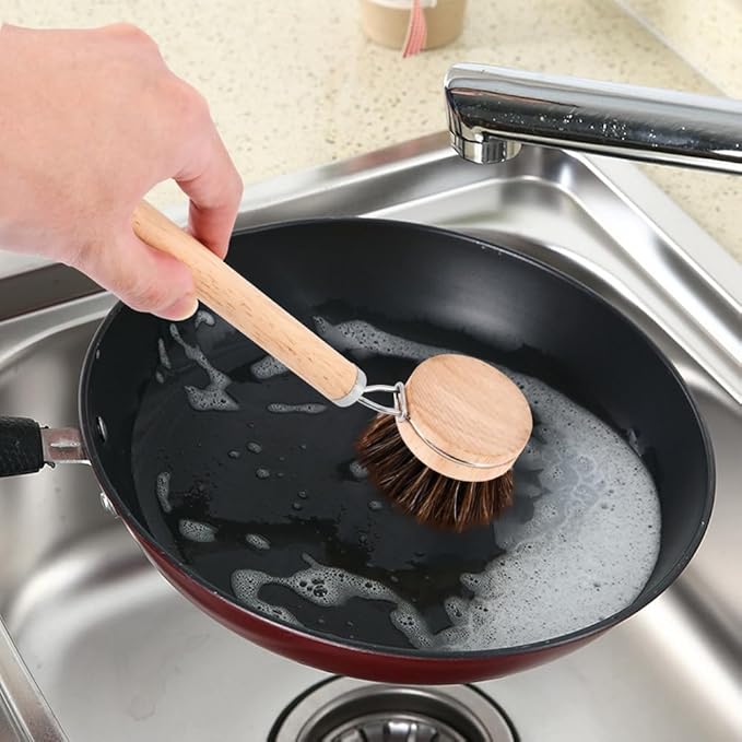 Bamboo Dish Brush with Handle, Wooden Handle with 3 Natural Bristle Heads, Natural Wood Dish Scrub Brush for Washing and Cleaning Pots and Pans