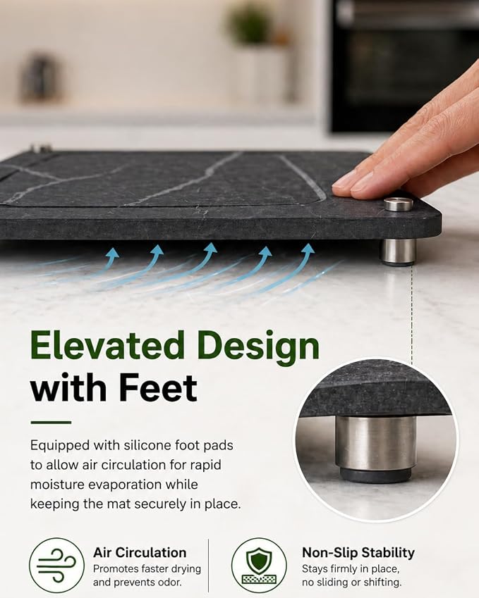 Large Stone Drying Mat for Kitchen Counter - 16”*12” Marble Veining Quick Drying Fast Absorbent Drying Mat, Natural Diatomaceous Earth Dish Drying Mat