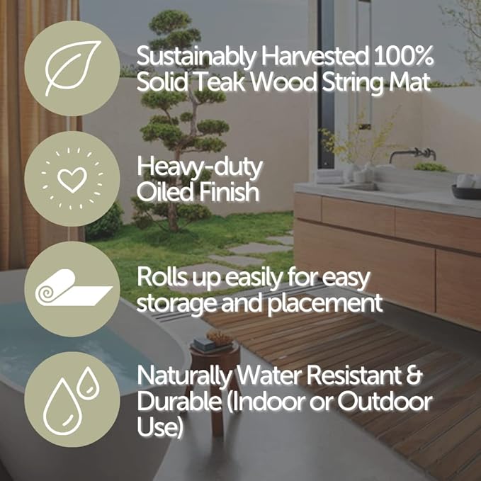 Nordic Teak 100% Solid Teak Wood String Mat - Indoor and Outdoor Use - Non-Slip Wooden Platform for Sauna, Pool, Hot Tub Flooring Decor and Protector (Oiled Finish, 30" X 30")