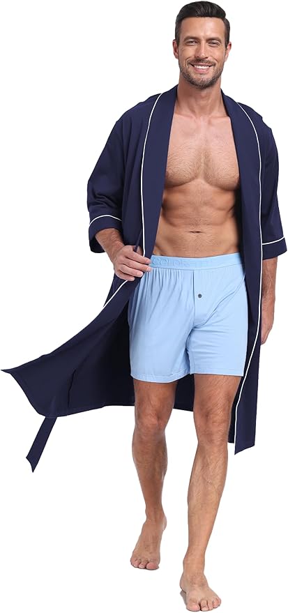COLORFULLEAF 100% Cotton Men’s Summer Bathrobe Lightweight & Breathable Short Sleeve Kimono Robe with Pockets