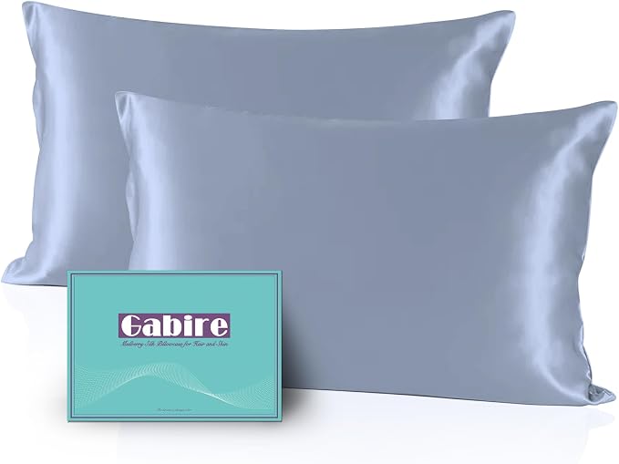 Gabire Mulberry Silk Pillowcases Set of 2, Both Sides Real Silk Pillowcase for Hair and Skin Cool Pillowcase Organic Silk Pillowcase 2 Pack with Hidden Zipper, Dusty Blue, Standard (20"×26")