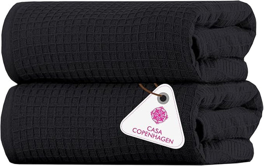 CASA COPENHAGEN Waffle 2Pcs 100% Egyptian Cotton Large Designer Bathsheet Towels Gift Set- Black, 35"x70" 2Bath Sheet Towels for Bathroom (Box Pack, Set for Women & Men)