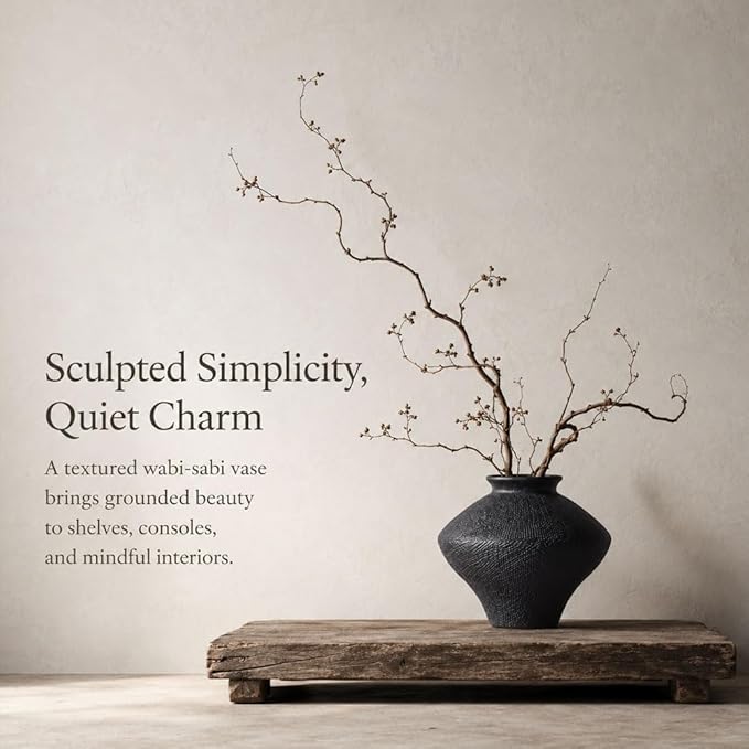 Wabi Sabi Vintage Black Vase, 6.3" Tall Wabi Sabi Decor Rustic Farmhouse Pottery Vase for Centerpiece, Textured Pottery Flower Vases for Home Decorative, Table, Living Room, Bedroom, Bathroom, Kitchen