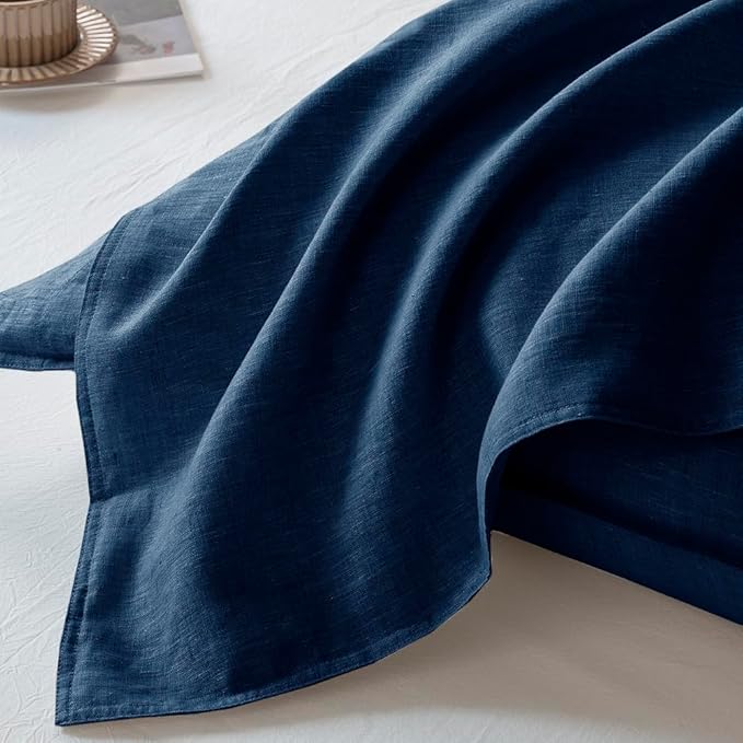 EVERLY 100% Linen Pillowcases Set of 2, French Linen from Normandy, 20X36Inch Standard Size, Natural Color, Coconut Buttons Closure, Flax Pillowshams-Pillowcase-Navy Blue