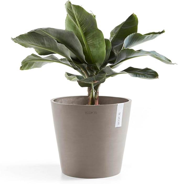 Ecopots Amsterdam Durable Modern Round Indoor/Outdoor Recycled-Based Composite Flower Pot Planter w/Water Reservoir, Taupe, 12"