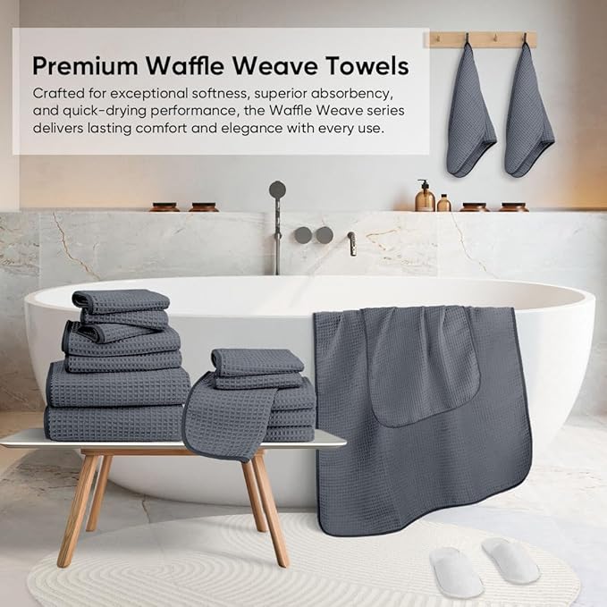 HOMEXCEL 6 Piece Premium Towels Set, 2 Bath Towels, 2 Hand Towels, and 2 Wash Cloths, Soft, Highly Absorbent and Quick Dry Microfiber Waffle Towel for Bathroom, Gym, Shower, Hotel, and Spa, Grey