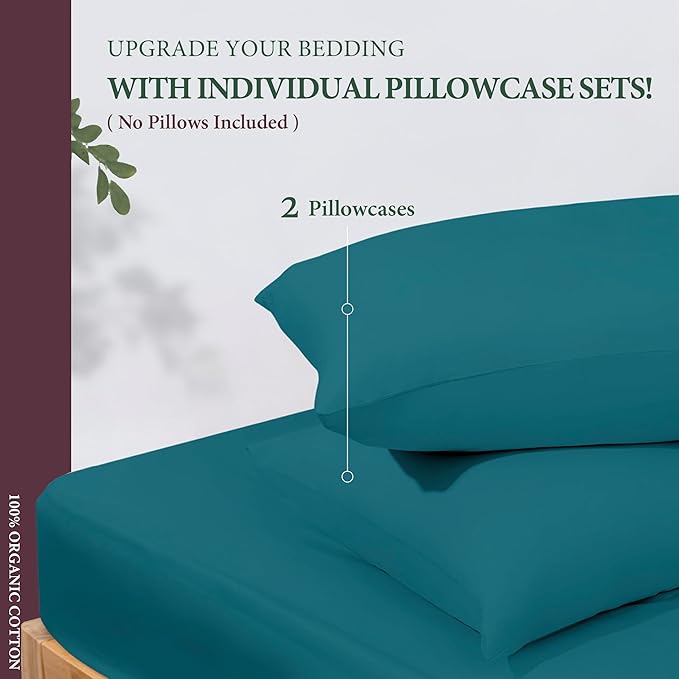 100% Organic Cotton Percale Pillow Cases Standard/Queen Size Set of 2 - Percale Pillowcases Standard/Queen, Soft Cooling Pillow Cases for Sleeping, Cotton Pillowcovers - Teal