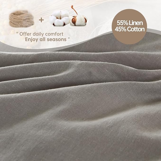 Simple&Opulence French Linen Duvet Cover Set 68" x 86"- 2 Pieces (1 Comforter Cover,1 Pillowcase)- Natural Flax Cotton Blend-Solid Color Breathable Farmhouse Bedding-Grey, Twin